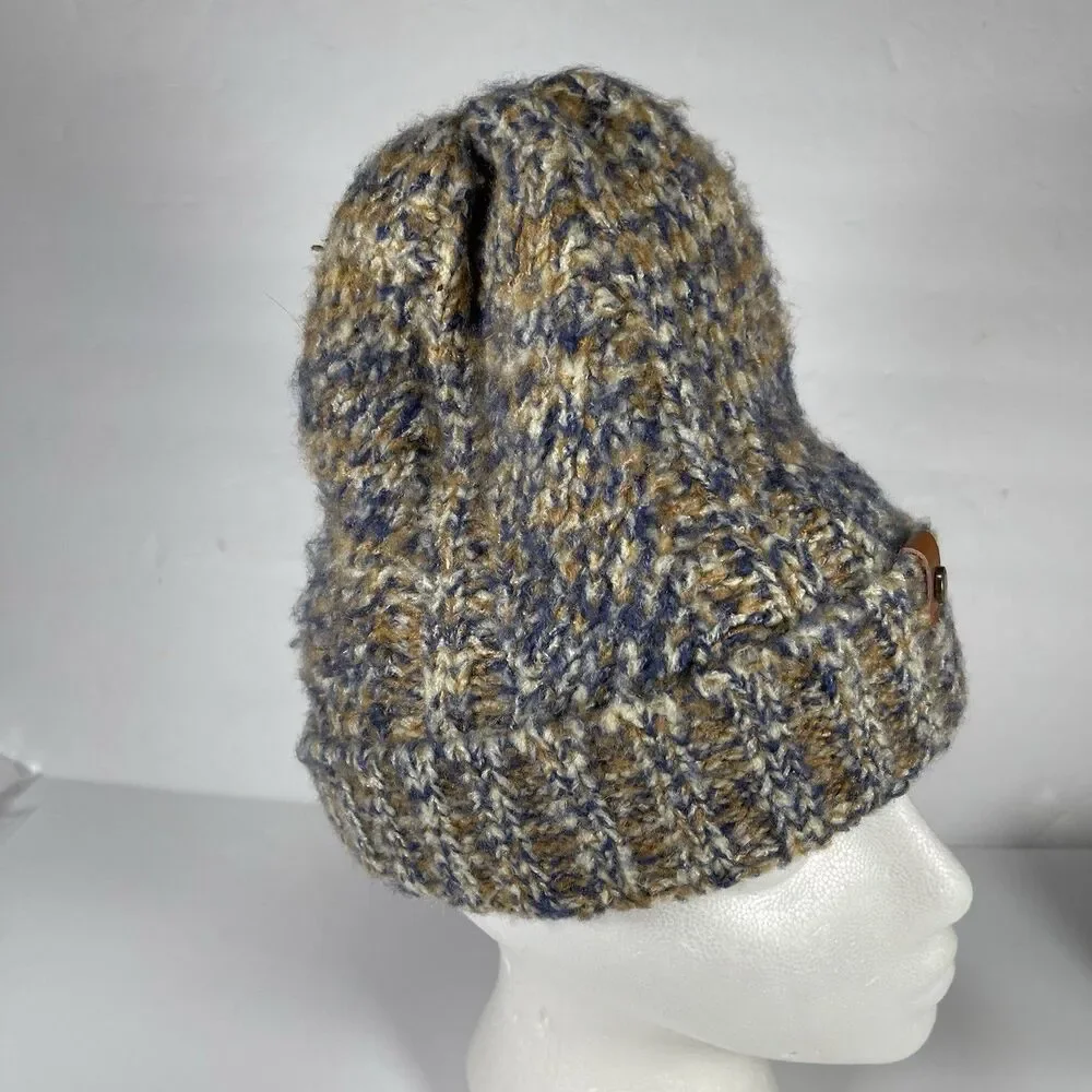 Frye and Co. Marled Knit Beanie Hat Blue Brown Tan Faux Leather Logo Tab One Six